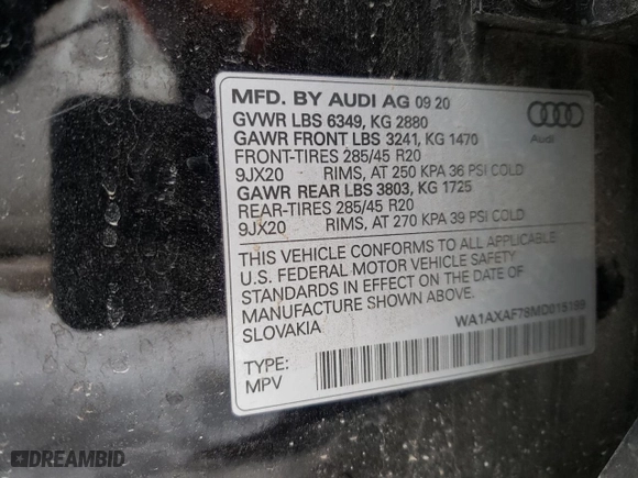 2021 Audi Q7 Premium with VIN WA1AXAF78MD015199, listed as a Copart auction lot 45266214 with 0 mi miles and Salvage Title. Bid and sale history available at carsss.com. Image 12.
