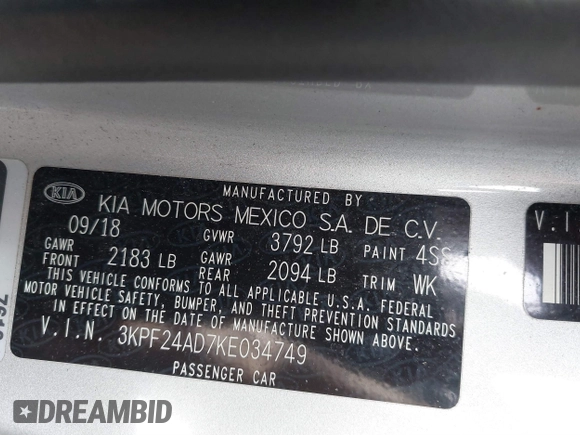 2019 Kia Forte LXS with VIN 3KPF24AD7KE034749, listed as a IAAI auction lot 41666721 with 107,135 mi miles. Bid and sale history available at carsss.com. Image 9.