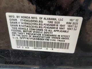 2013 Honda Ridgeline RTL z VIN 5FPYK1F5XDB004190, wystawiony jako Copart lot #58761335 z przebiegiem 56 943 mil mil oraz Czysty tytuł • Clean title. Historia ofert i sprzedaży dostępna na DreamBid. Obrazek 12.