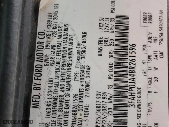 2011 Ford Fusion SEL with VIN 3FAHP0JA4BR261596, listed as a Copart auction lot 43086605 with 141,125 mi miles and Salvage Title. Bid and sale history available at carsss.com. Image 14.