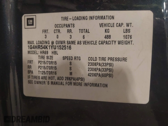 2000 Buick LeSabre Limited with VIN 1G4HR54K1YU152516, listed as a IAAI auction lot 42593981 with 113,526 mi miles and . Bid and sale history available at DreamBid. Image 9.
