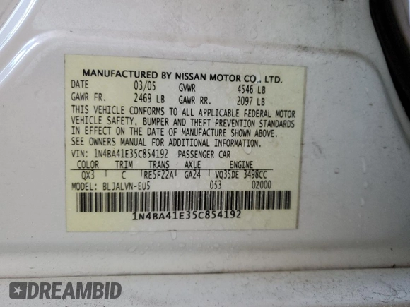 2005 Nissan Maxima 3.5 SL with VIN 1N4BA41E35C854192, listed as a Copart auction lot 75541544 with 162,470 mi miles and Salvage Title. Bid and sale history available at carsss.com. Image 12.