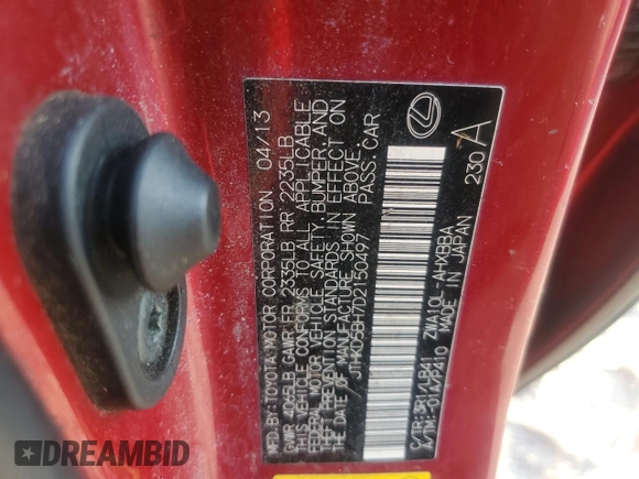 2013 Lexus CT 200h with VIN JTHKD5BH7D2150497, listed as a Copart auction lot 61992205 with 188,604 mi miles and Clean title. Bid and sale history available at DreamBid. Image 12.