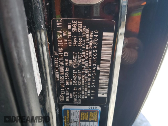 2019 Kia Sorento L with VIN 5XYPG4A35KG593040, listed as a Copart auction lot 45856545 with 93,111 mi miles and Salvage Title. Bid and sale history available at DreamBid. Image 13.