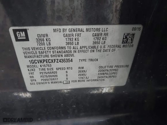 2015 Chevrolet Silverado 1500 LS with VIN 1GCVKPECXFZ436354, listed as a IAAI auction lot 41891065 with 128,164 mi miles. Bid and sale history available at carsss.com. Image 9.