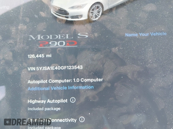 2016 Tesla Model S 90D with VIN 5YJSA1E40GF123543, listed as a IAAI auction lot 42111603 with 126,445 mi miles and . Bid and sale history available at DreamBid. Image 14.