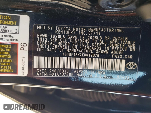 2014 Toyota Camry L with VIN 4T1BF1FK2EU849676, listed as a Copart auction lot 53328395 with 93,447 mi miles and Salvage Title. Bid and sale history available at carsss.com. Image 12.