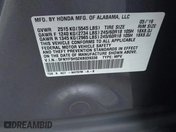 2019 Honda Pilot EX-L with VIN 5FNYF5H52KB039336, listed as a IAAI auction lot 42108456 with 220,307 mi miles and . Bid and sale history available at carsss.com. Image 9.