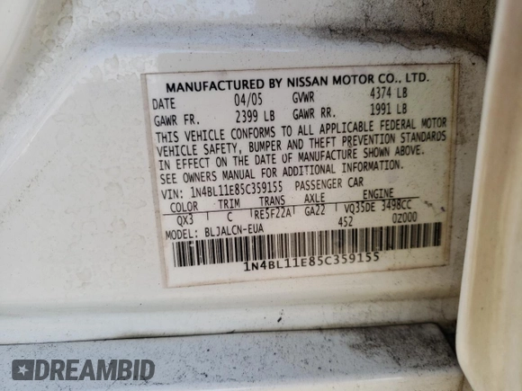 2005 Nissan Altima SE with VIN 1N4BL11E85C359155, listed as a Copart auction lot 42681905 with 187,993 mi miles and Salvage Title. Bid and sale history available at carsss.com. Image 13.