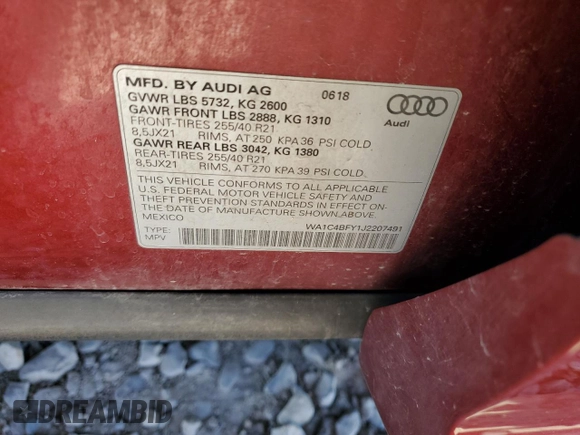 2018 Audi SQ5 with VIN WA1C4BFY1J2207491, listed as a Copart auction lot 51411654 with Not Provided miles and . Bid and sale history available at DreamBid. Image 13.