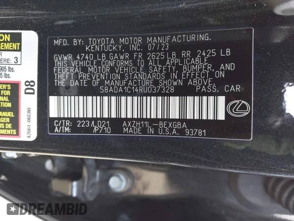 2024 Lexus ES 300h with VIN 58ADA1C14RU037328, listed as a IAAI auction lot 42334595 with 62,858 mi miles and . Bid and sale history available at DreamBid. Image 9.