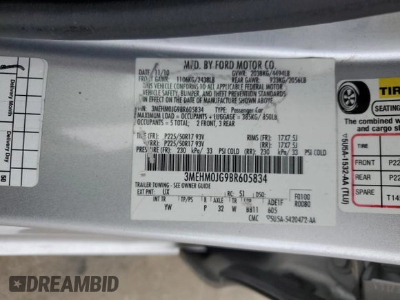 2011 Mercury Milan Premier with VIN 3MEHM0JG9BR605834, listed as a Copart auction lot 50241845 with 121,148 mi miles and Salvage title. Bid and sale history available at DreamBid. Image 15.