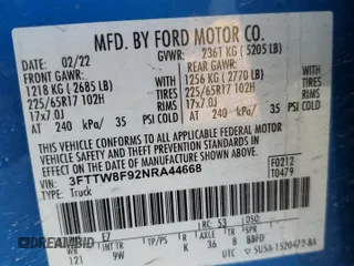 2022 Ford Maverick XL z VIN 3FTTW8F92NRA44668, wystawiony jako Copart lot #46032345 z przebiegiem Nie podano mil oraz Szkoda całkowita • Salvage title. Historia ofert i sprzedaży dostępna na DreamBid. Obrazek 12.