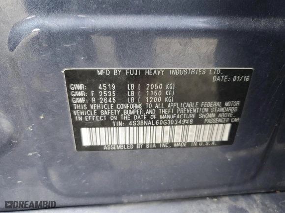 2016 Subaru Legacy 2.5i Limited with VIN 4S3BNAL60G3034948, listed as a Copart auction lot 51993935 with 30,341 mi miles and Salvage Title. Bid and sale history available at carsss.com. Image 14.