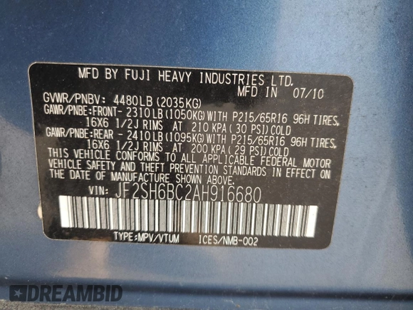 2010 Subaru Forester X with VIN JF2SH6BC2AH916680, listed as a Copart auction lot 62546615 with 92,632 mi miles and Clean title. Bid and sale history available at DreamBid. Image 13.