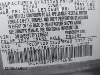 2023 Nissan Sentra S with VIN 3N1AB8BV7PY276636, listed as a IAAI auction lot 41113227 with 27,662 mi miles and . Bid and sale history available at DreamBid. Image 9.