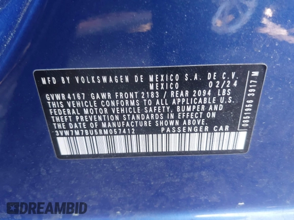 2024 Volkswagen Jetta SE with VIN 3VW7M7BU5RM057412, listed as a IAAI auction lot 41983331 with 14,537 mi miles and . Bid and sale history available at DreamBid. Image 9.