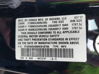 2017 Honda CR-V LX with VIN 7FARW5H38HE010794, listed as a IAAI auction lot 41855303 with 126,992 mi miles. Bid and sale history available at carsss.com. Image 9.