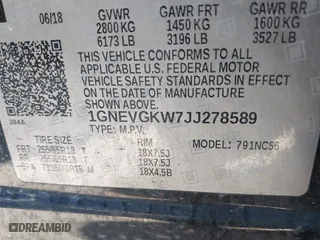 2018 Chevrolet Traverse LT Cloth with VIN 1GNEVGKW7JJ278589, listed as a IAAI auction lot 41432399 with 181,282 mi miles. Bid and sale history available at carsss.com. Image 9.