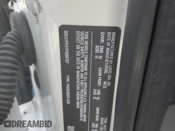 2023 Lucid Air Pure z VIN 50EA1PFA1PA006707, wystawiony jako Copart lot #76025394 z przebiegiem Nie podano mil oraz Szkody całkowita. Historia ofert i sprzedaży dostępna na DreamBid. Obrazek 12.