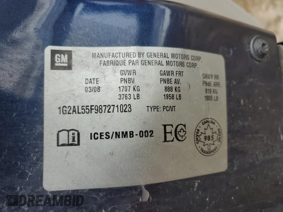 2008 Pontiac G5 z VIN 1G2AL55F987271023, wystawiony jako Copart lot #85322554 z przebiegiem 206 552 mil mil oraz Szkoda całkowita • Salvage title. Historia ofert i sprzedaży dostępna na DreamBid. Obrazek 12.