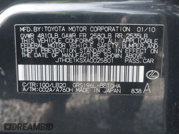 2010 Lexus GS 350 z VIN JTHCE1KSXA0025801, wystawiony jako IAAI lot #41514215 z przebiegiem 247 533 mil mil oraz . Historia ofert i sprzedaży dostępna na DreamBid. Obrazek 9.