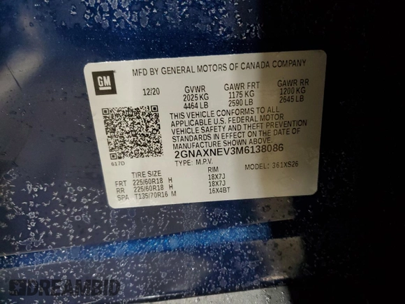 2021 Chevrolet Equinox Premier z VIN 2GNAXNEV3M6138086, wystawiony jako Copart lot #41781105 z przebiegiem 18 008 mil mil oraz Szkoda całkowita • Salvage title. Historia ofert i sprzedaży dostępna na DreamBid. Obrazek 14.