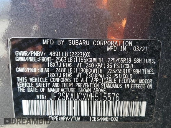 2021 Subaru Forester Limited z VIN JF2SKAUCXMH515576, wystawiony jako Copart lot #54220925 z przebiegiem 70 636 mil mil oraz Szkoda całkowita • Salvage title. Historia ofert i sprzedaży dostępna na DreamBid. Obrazek 13.