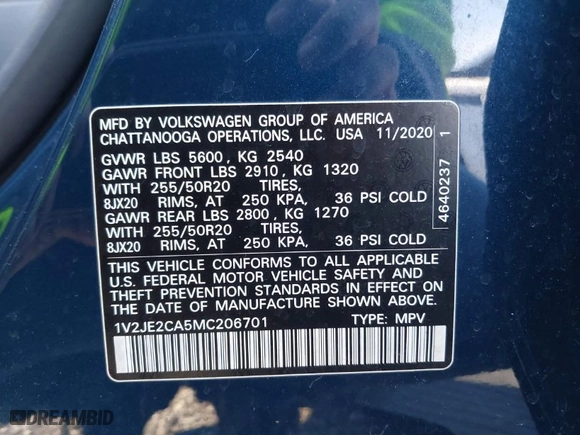 2021 Volkswagen Atlas Cross Sport 3.6L V6 SE w/Technology with VIN 1V2JE2CA5MC206701, listed as a IAAI auction lot 41165558 with 52,631 mi miles. Bid and sale history available at carsss.com. Image 9.