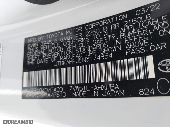 2022 Toyota Prius L Eco with VIN JTDKAMFU5N3174854, listed as a IAAI auction lot 41816230 with 93,444 mi miles. Bid and sale history available at carsss.com. Image 9.