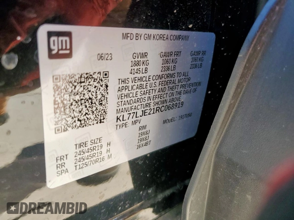 2024 Chevrolet Trax 2RS with VIN KL77LJE21RC068919, listed as a Copart auction lot 49963435 with Not Provided miles and Non Repairable. Bid and sale history available at DreamBid. Image 14.