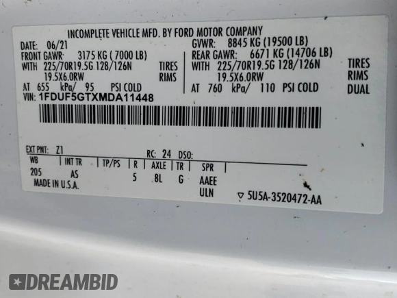 2021 Ford F-550 XL z VIN 1FDUF5GTXMDA11448, wystawiony jako Copart lot #86927474 z przebiegiem Nie podano mil oraz Nie do naprawy • Non repairable. Historia ofert i sprzedaży dostępna na DreamBid. Obrazek 13.