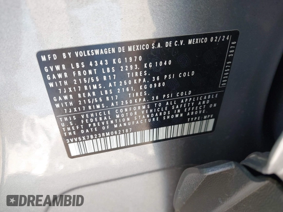 2024 Volkswagen Taos S с VIN 3VV5X7B23RM062187, выставлен на аукционе IAAI как лот 41681986 с пробегом 9 170 миль миль и . История ставок и продаж доступна на DreamBid. Изображение 9.
