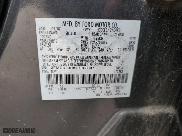 2007 Ford Edge SEL PLUS with VIN 2FMDK39C87BB68807, listed as a Copart auction lot 45784195 with 236,807 mi miles and Salvage Title. Bid and sale history available at carsss.com. Image 13.