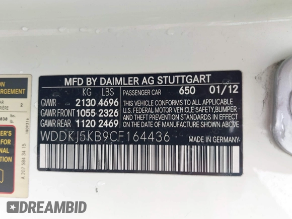2012 Mercedes-Benz E 350 with VIN WDDKJ5KB9CF164436, listed as a IAAI auction lot 41494355 with 165,147 mi miles and . Bid and sale history available at DreamBid. Image 9.