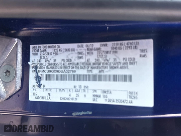 2013 Ford Escape SE with VIN 1FMCU9GX9DUA32769, listed as a Copart auction lot 46907285 with 125,348 mi miles and Clean Title. Bid and sale history available at DreamBid. Image 10.