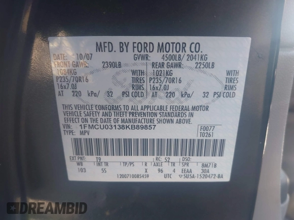 2008 Ford Escape XLT с VIN 1FMCU03138KB89857, выставлен на аукционе IAAI как лот 42000842 с пробегом 178 565 миль миль и . История ставок и продаж доступна на DreamBid. Изображение 9.