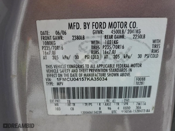 2007 Ford Escape Limited with VIN 1FMCU04157KA35034, listed as a Copart auction lot 86177794 with 215,888 mi miles and Salvage Title. Bid and sale history available at carsss.com. Image 14.