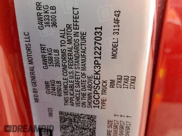 2023 Chevrolet Colorado 2WD LT с VIN 1GCPSCEK3P1227031, выставлен на аукционе Copart как лот 50354485 с пробегом 27 633 миль миль и Списание • Salvage title. История ставок и продаж доступна на DreamBid. Изображение 12.