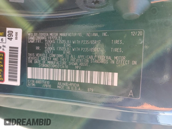 2021 Toyota Sienna LE with VIN 5TDKRKEC6MS013416, listed as a Copart auction lot 89003355 with 93,169 mi miles and Salvage title. Bid and sale history available at DreamBid. Image 15.