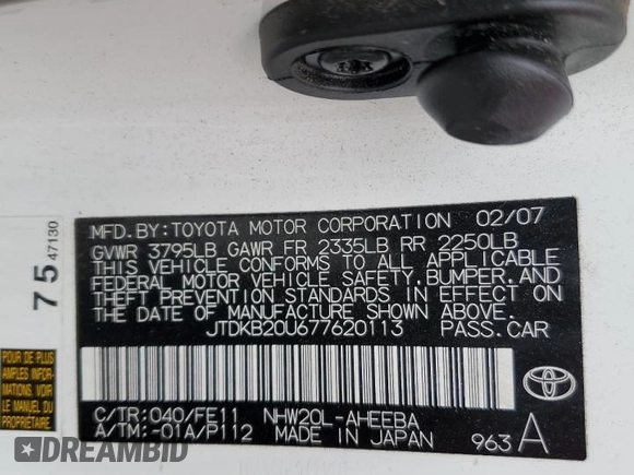 2007 Toyota Prius with VIN JTDKB20U677620113, listed as a Copart auction lot 59172195 with 73,920 mi miles and Salvage title. Bid and sale history available at DreamBid. Image 13.