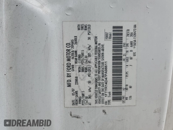 2007 Ford Ranger XL with VIN 1FTYR14D47PA98611, listed as a Copart auction lot 49607765 with 247,639 mi miles and Salvage Title. Bid and sale history available at DreamBid. Image 15.