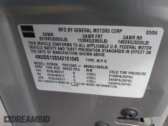 2004 Isuzu Ascender S с VIN 4NUDS13S542101645, выставлен на аукционе IAAI как лот 41909047 с пробегом 102 507 миль миль и . История ставок и продаж доступна на DreamBid. Изображение 9.