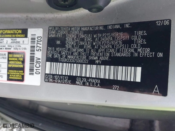 2007 Toyota Sienna CE with VIN 5TDZK23C67S000322, listed as a IAAI auction lot 41583788 with 178,280 mi miles. Bid and sale history available at carsss.com. Image 9.
