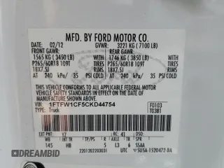 2012 Ford F-150 XL with VIN 1FTFW1CF5CKD44754, listed as a Copart auction lot 49608675 with 213,452 mi miles and Clean Title. Bid and sale history available at carsss.com. Image 12.