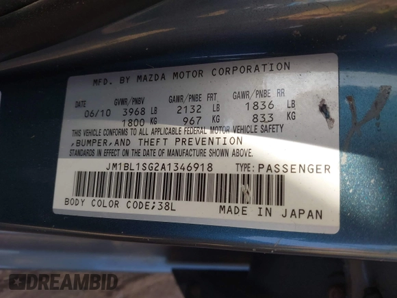 2010 Mazda 3 i Sport with VIN JM1BL1SG2A1346918, listed as a IAAI auction lot 40647776 with 129,846 mi miles and . Bid and sale history available at DreamBid. Image 9.