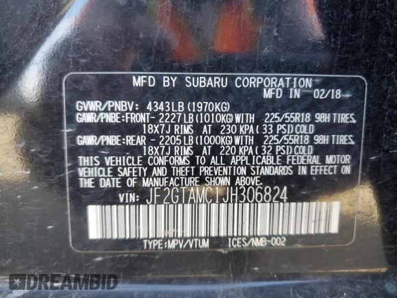 2018 Subaru Crosstrek Limited with VIN JF2GTAMC1JH306824, listed as a Copart auction lot 87843525 with 72,456 mi miles and Salvage title. Bid and sale history available at DreamBid. Image 13.