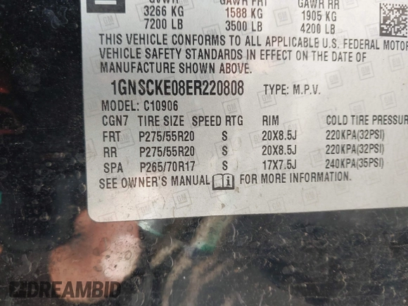 2014 Chevrolet Suburban LTZ with VIN 1GNSCKE08ER220808, listed as a IAAI auction lot 42022477 with 192,488 mi miles and . Bid and sale history available at DreamBid. Image 9.