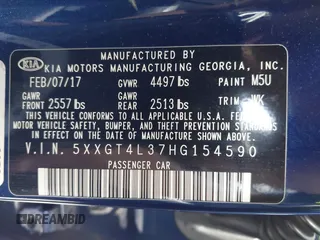 2017 Kia Optima LX z VIN 5XXGT4L37HG154590, wystawiony jako IAAI lot #42229141 z przebiegiem 112 134 mil mil oraz . Historia ofert i sprzedaży dostępna na DreamBid. Obrazek 9.