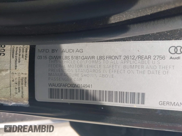 2016 Audi A6 Premium Plus with VIN WAUGFAFCXGN014941, listed as a IAAI auction lot 42566044 with 162,659 mi miles and . Bid and sale history available at DreamBid. Image 9.